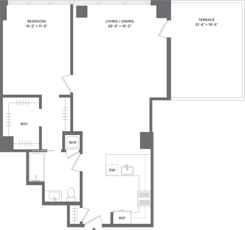 Floor plan for 1 bed, 1 bath, 905 sqft